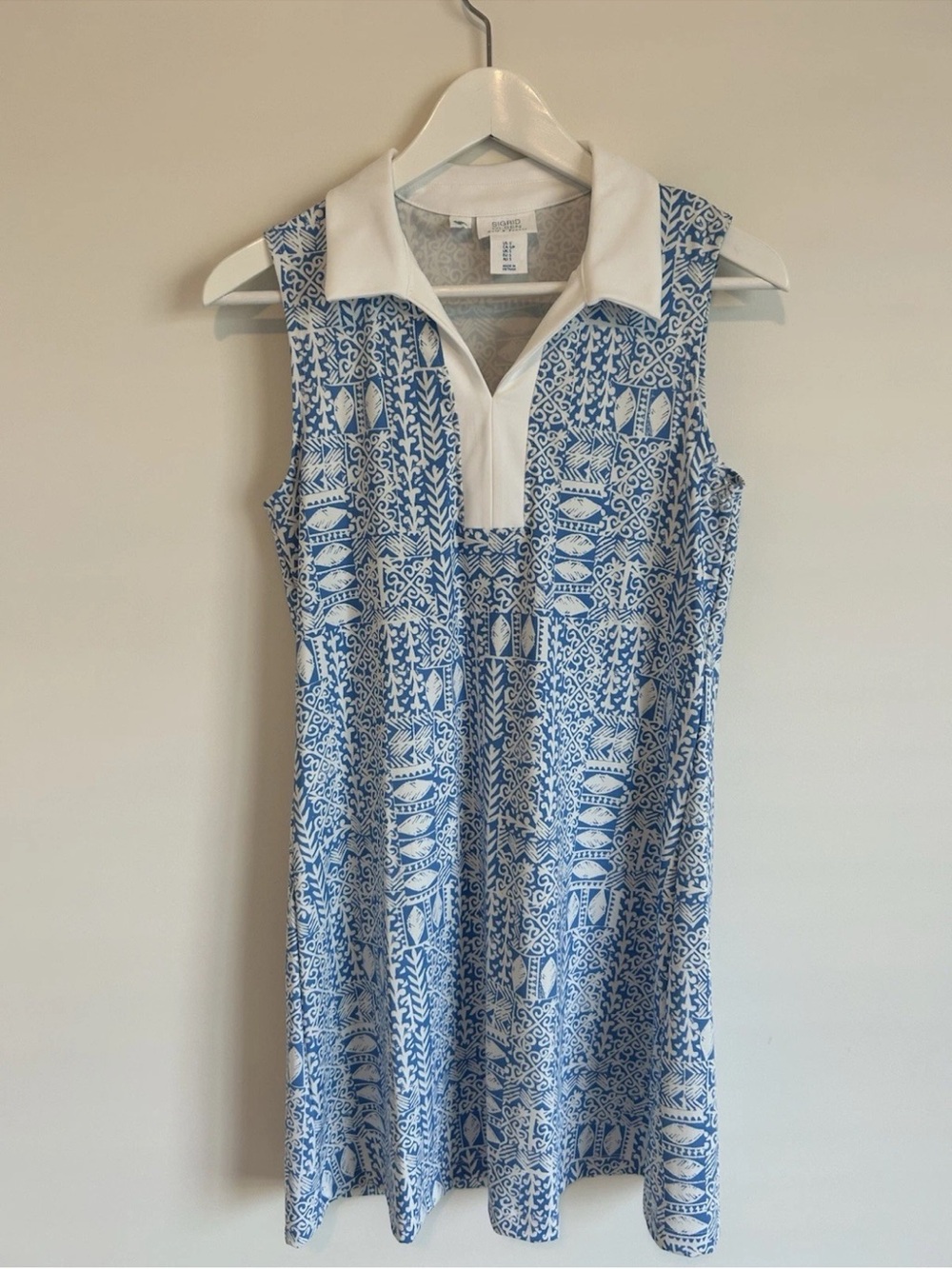 sigrid olsen sleeveless collared blue white geometric dress s